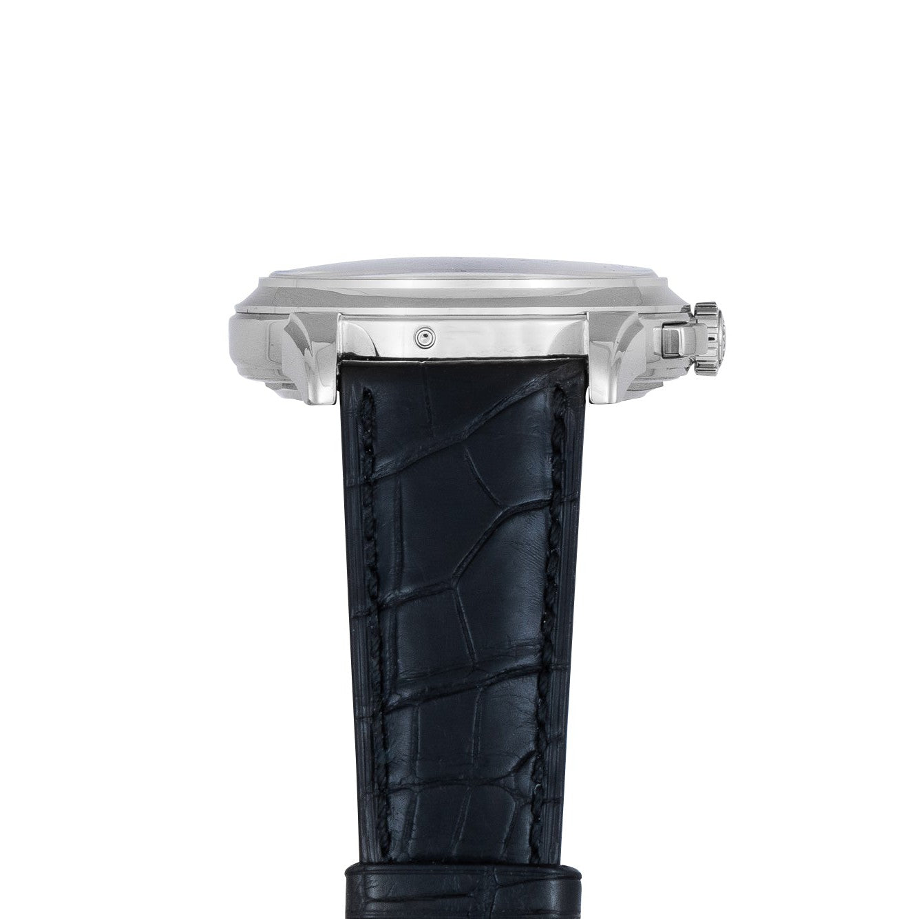 Side view of the Patek Philippe Perpetual Calendar Moonphase Chronograph, featuring a silver case and a black leather strap with crocodile pattern detailing.