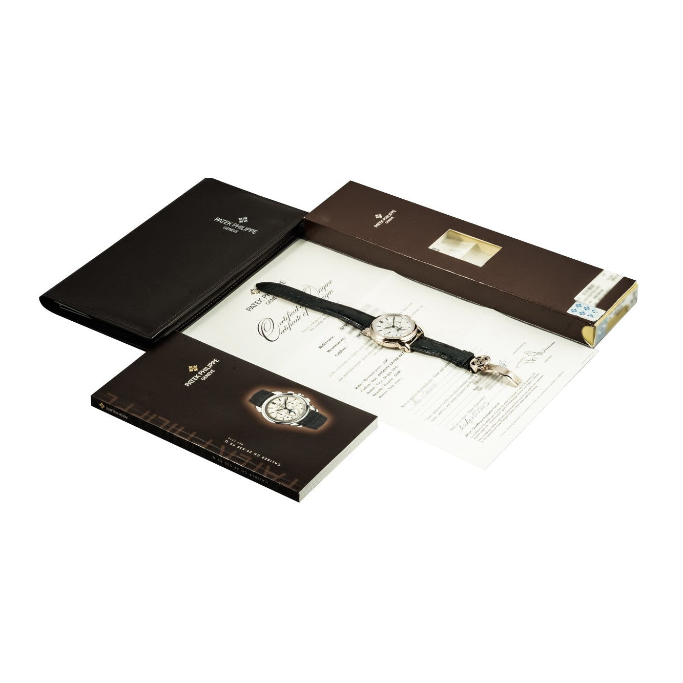 A Patek Philippe Perpetual Calendar Moonphase Chronograph wristwatch with a black band is shown with certificates, booklets, and a black folder.