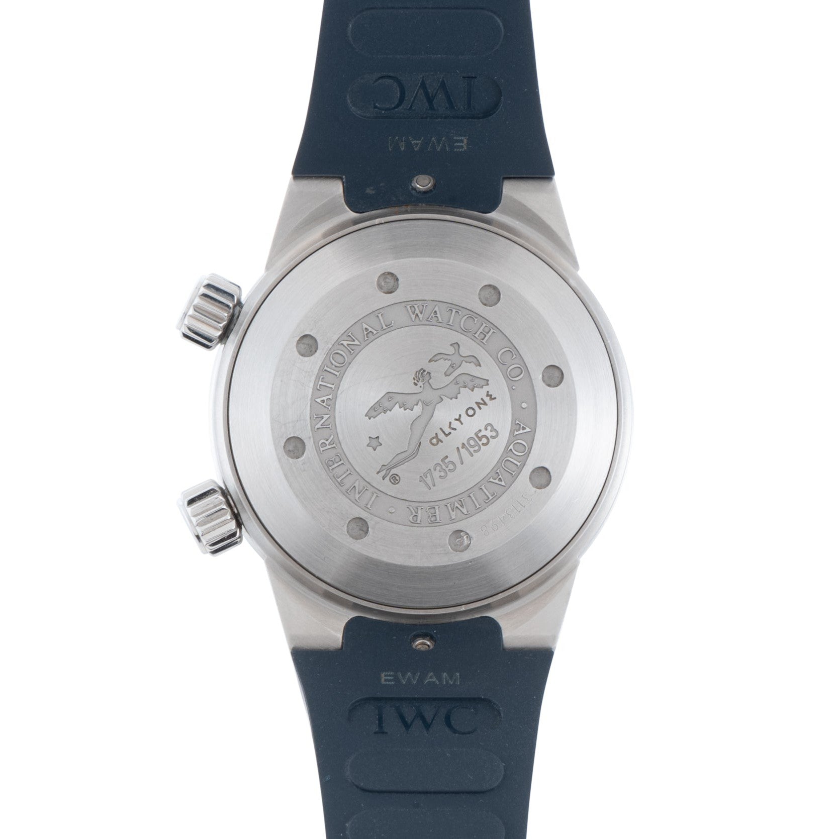 The back of the IWC Schaffhausen Aquatimer Cousteau Divers Limited Edition watch features engraved text and a black rubber strap.