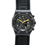 The Audemars Piguet Royal Oak Offshore End of Days is a black chronograph watch featuring yellow accents, a black strap, and visible bezel screws.