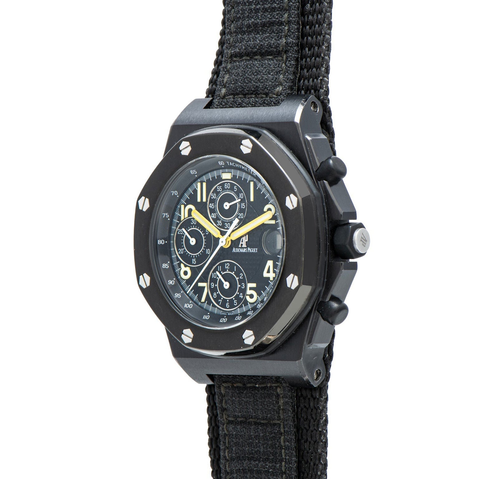 Audemars Piguet Royal Oak Offshore End of Days wristwatch with a black strap and yellow-accented hands, displayed at an angle.