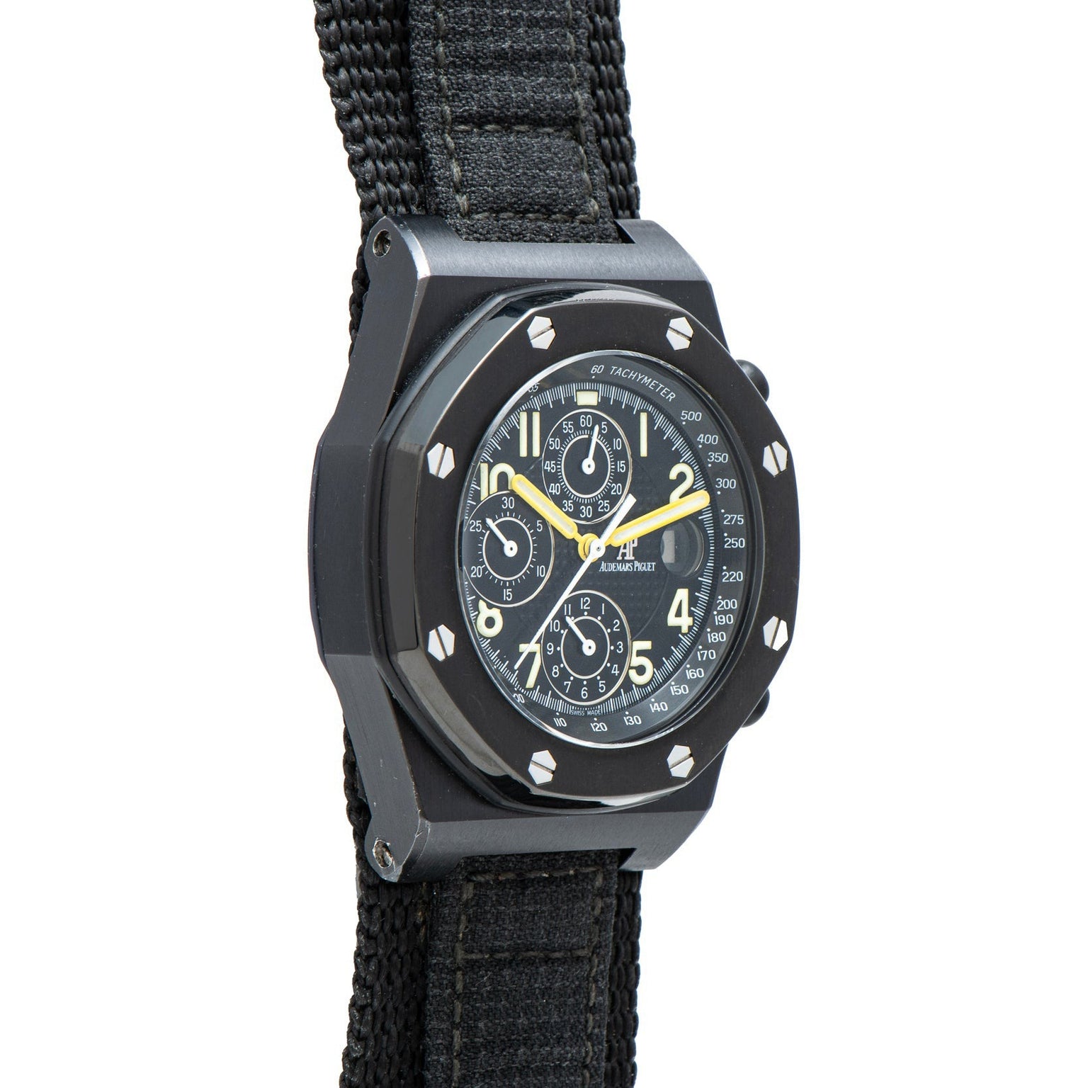 Audemars Piguet Royal Oak Offshore End of Days—a black tactical wristwatch with multiple dials, yellow hand, and a rugged black fabric strap.