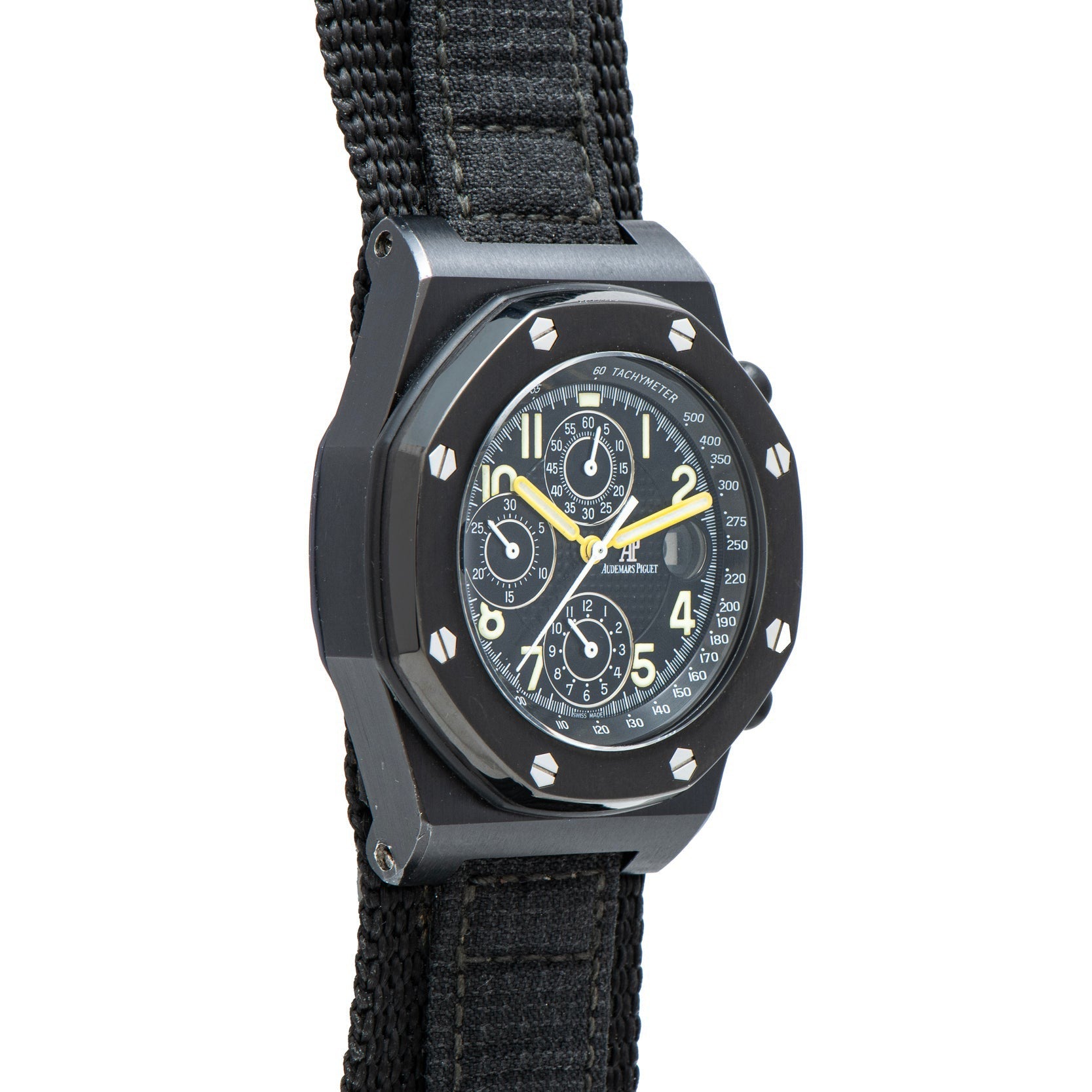 Audemars Piguet Royal Oak Offshore End of Days—a black tactical wristwatch with multiple dials, yellow hand, and a rugged black fabric strap.