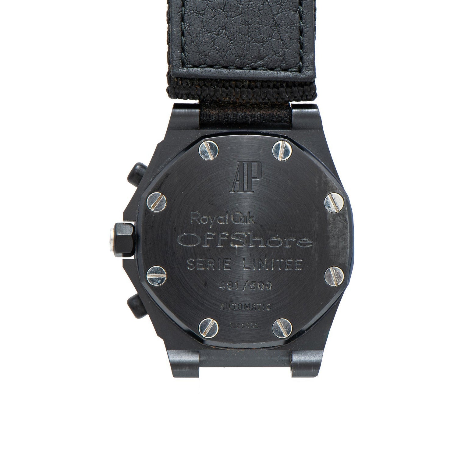 Back of an Audemars Piguet Royal Oak Offshore End of Days limited edition watch featuring engraved text, serial number, and a black strap.