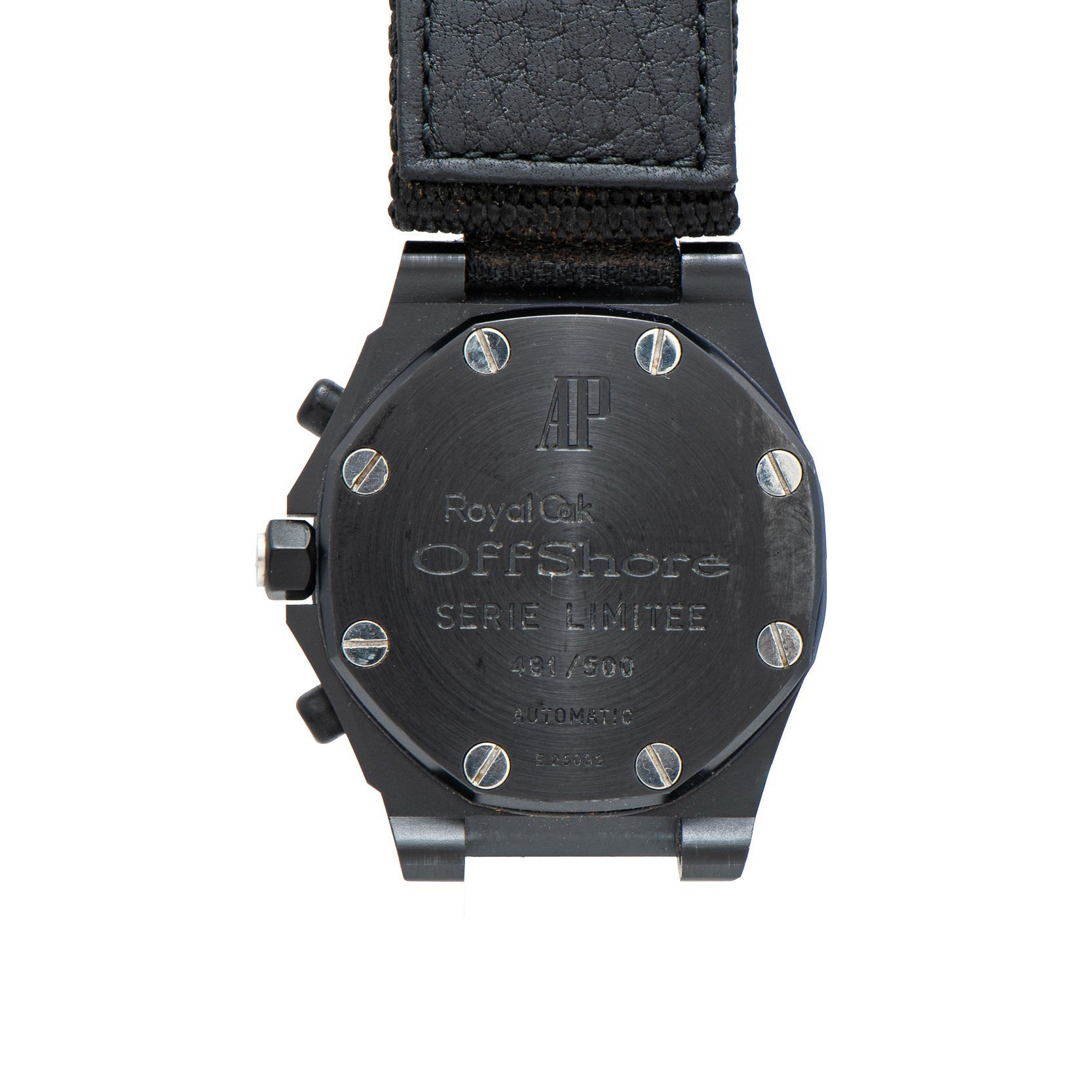 Back of an Audemars Piguet Royal Oak Offshore End of Days limited edition watch featuring engraved text, serial number, and a black strap.