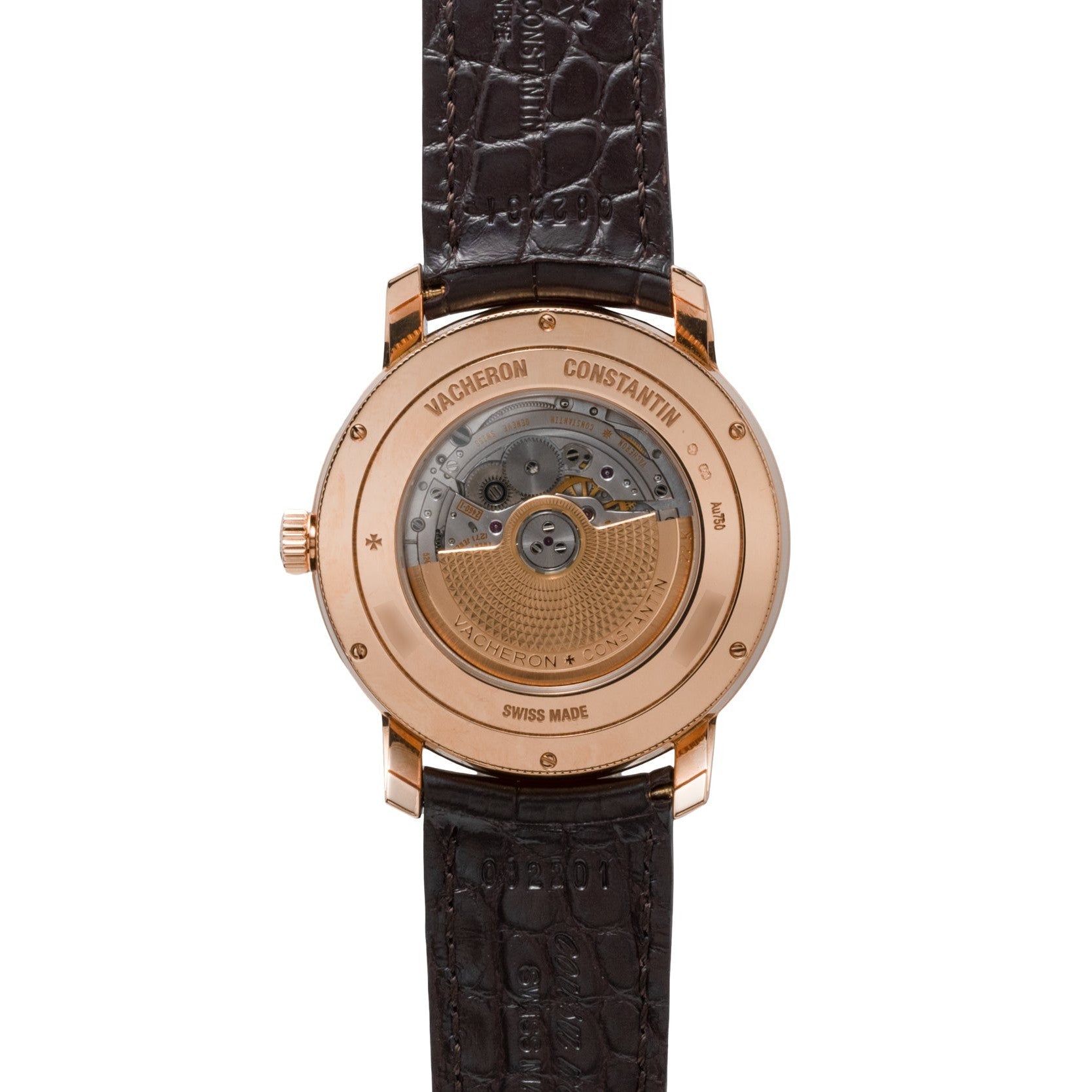 Back view of the Vacheron Constantin Traditionnelle World Time showing its mechanical movement and brown leather strap.