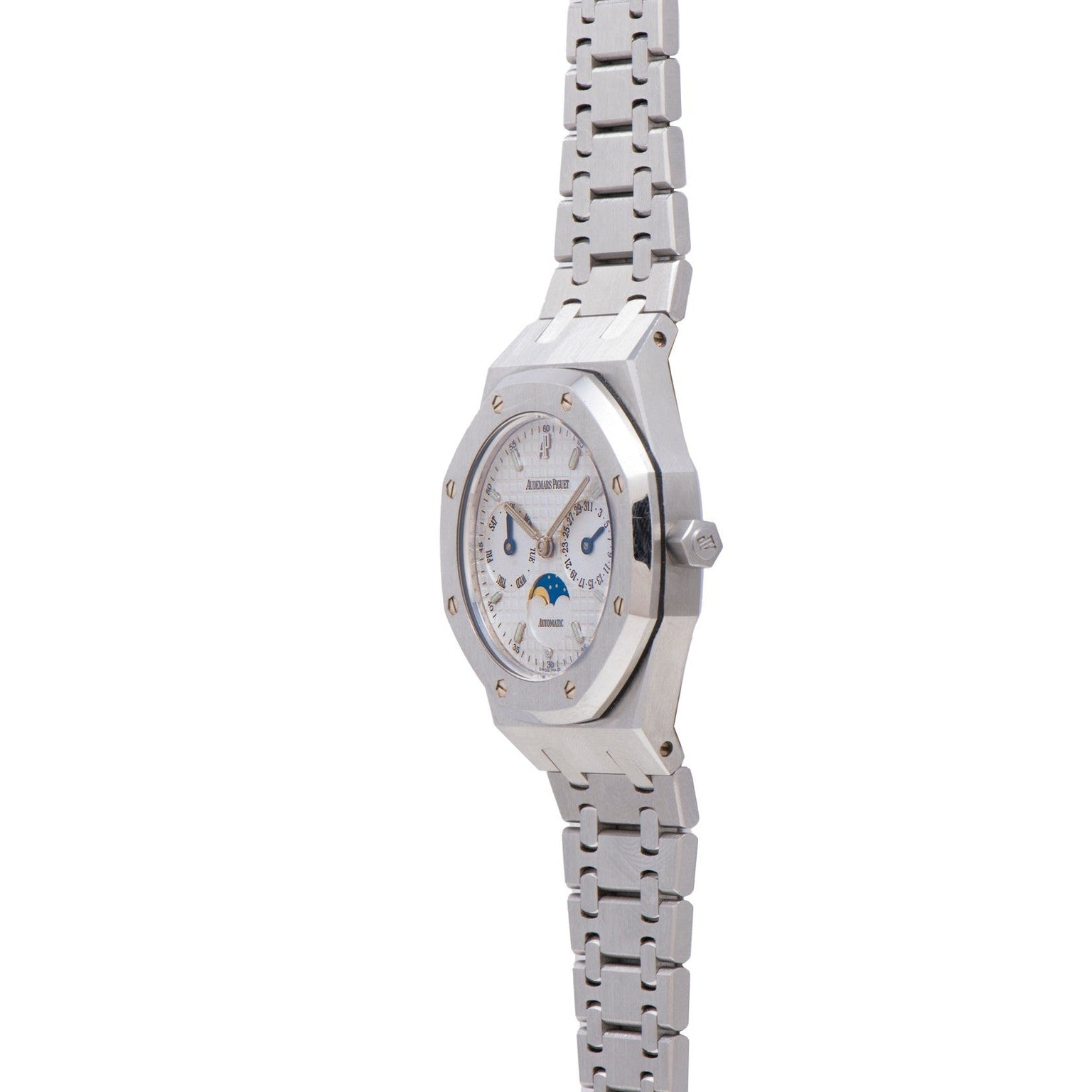 Audemars Piguet Royal Oak Day-Date Moonphase wristwatch with a silver metal band, white dial, and multiple subdials, shown at an angle.