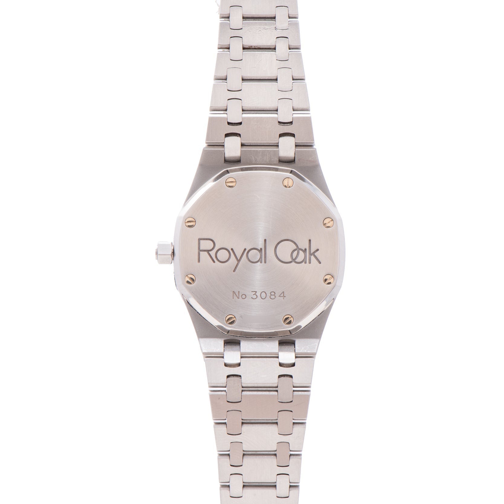 Audemars Piguet Royal Oak Day-Date Moonphase silver watch with No 3084 engraved on the back, featuring a metal link bracelet.