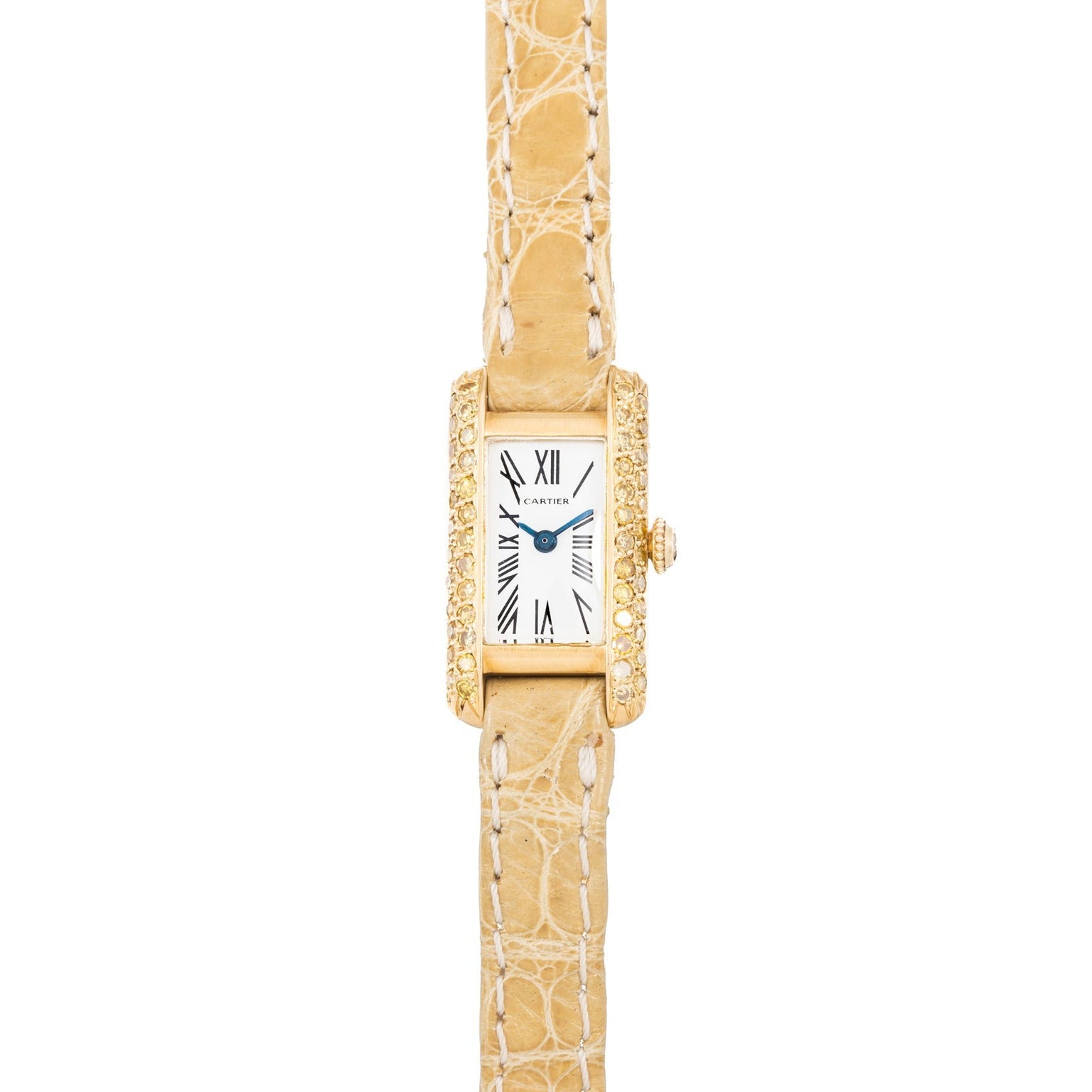 Cartier Tank watch featuring a gold rectangular case, diamond bezel, and beige crocodile leather strap on a white background.