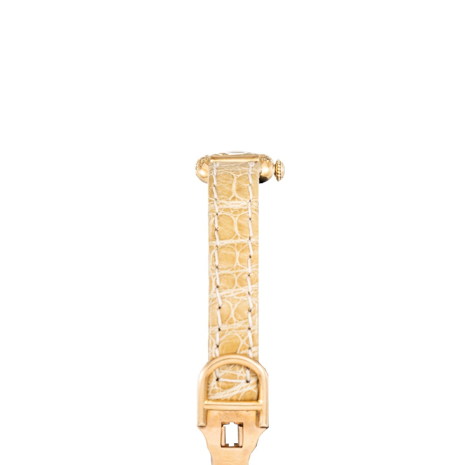 The Cartier Tank wristwatch, featuring a gold case and a textured beige leather strap, is shown from the front against a white background.