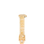The Cartier Tank wristwatch, featuring a gold case and a textured beige leather strap, is shown from the front against a white background.