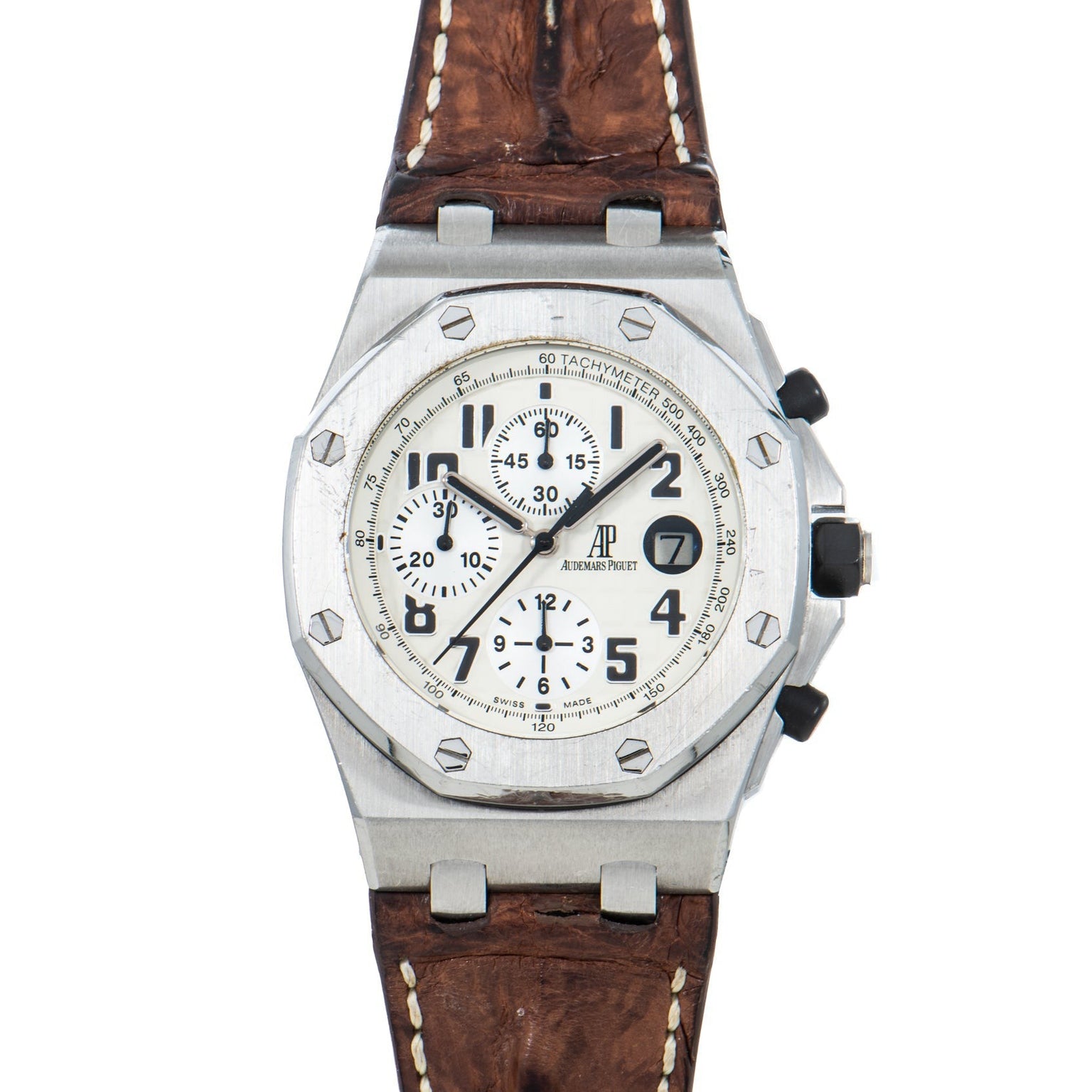 Audemars Piguet Royal Oak Offshore Safari—a luxury silver wristwatch featuring a white dial with three subdials and a brown leather strap.