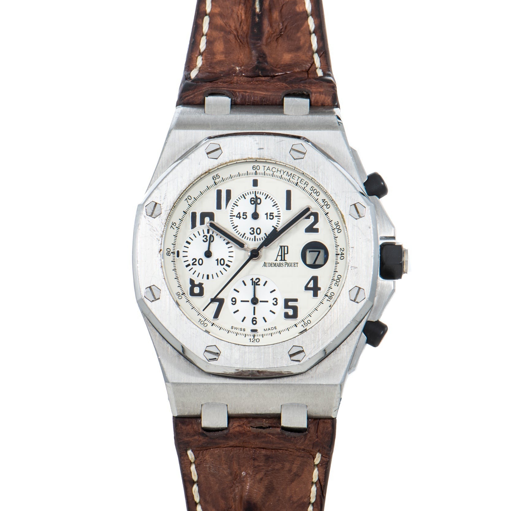 Audemars Piguet Royal Oak Offshore Safari—a luxury silver wristwatch featuring a white dial with three subdials and a brown leather strap.