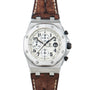 Audemars Piguet Royal Oak Offshore Safari—a luxury silver wristwatch featuring a white dial with three subdials and a brown leather strap.