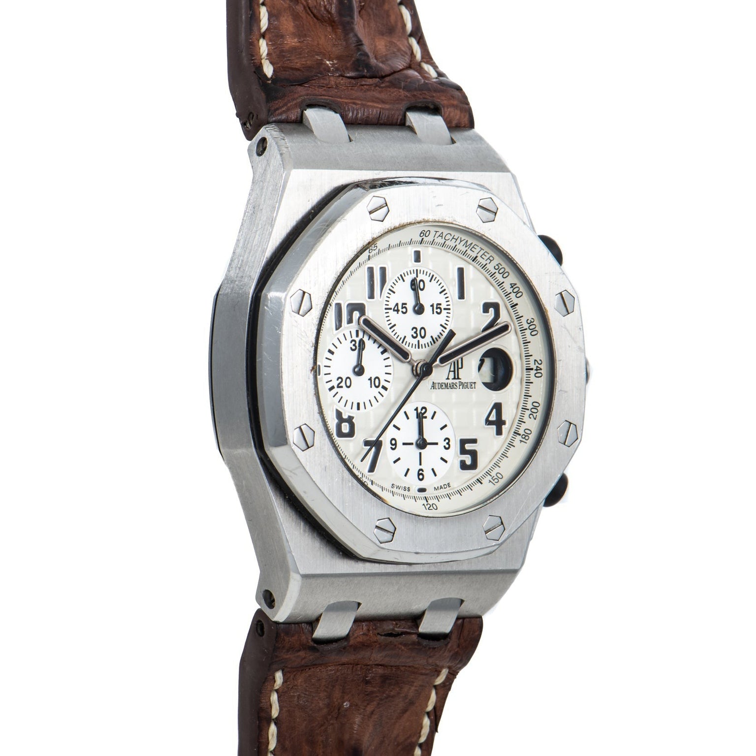 Audemars Piguet Royal Oak Offshore Safari: Silver luxury watch with white dial, black numerals, chronograph subdials, and brown leather strap.