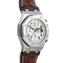 Audemars Piguet Royal Oak Offshore Safari: Silver luxury watch with white dial, black numerals, chronograph subdials, and brown leather strap.