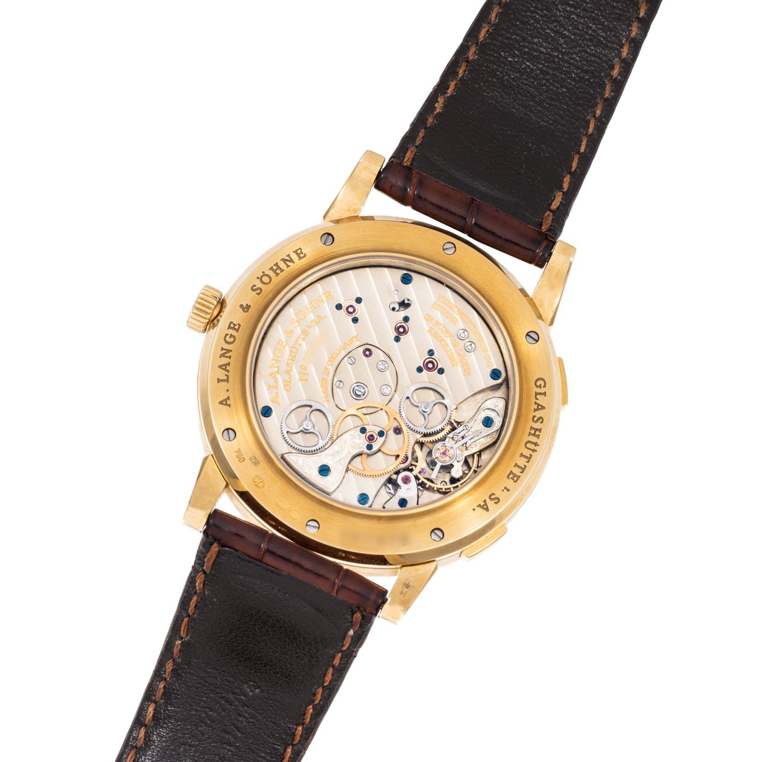 The Lange & Sohne Lange 1 Timezone features a gold case, visible mechanical movement, black leather strap, and an engraved case back.