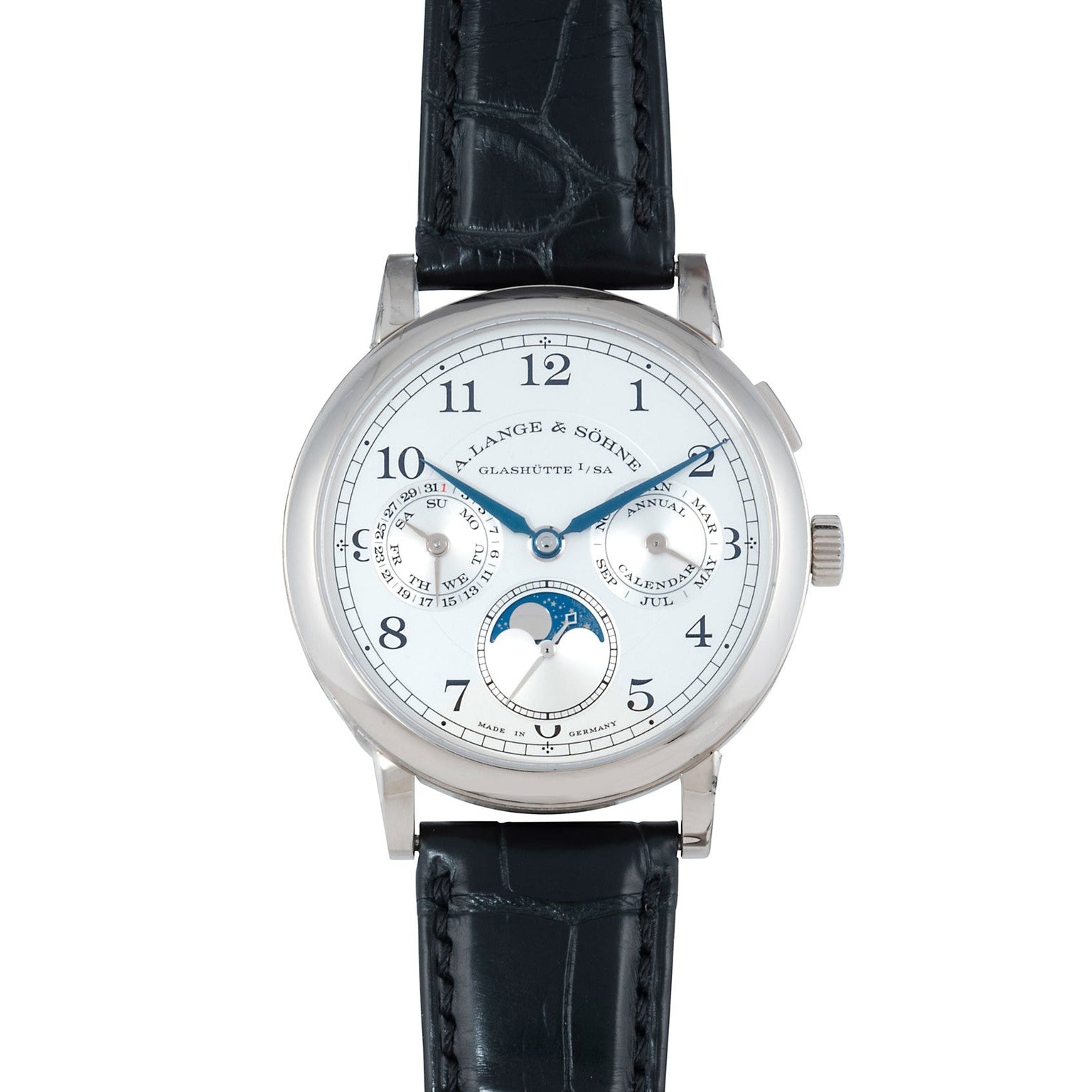 The Lange & Sohne Lange 1815 Annual Calendar is a luxury wristwatch featuring a white dial, black leather strap, and multiple subdials.