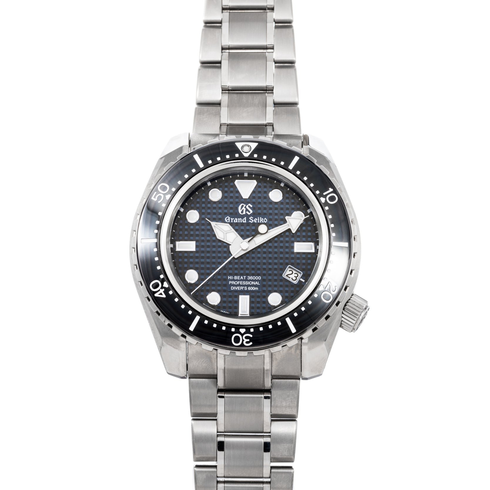 The Grand Seiko Hi-Beat Professional 600m Divers Limited Edition is a stainless steel dive watch with a black bezel, textured black dial, and metal bracelet.