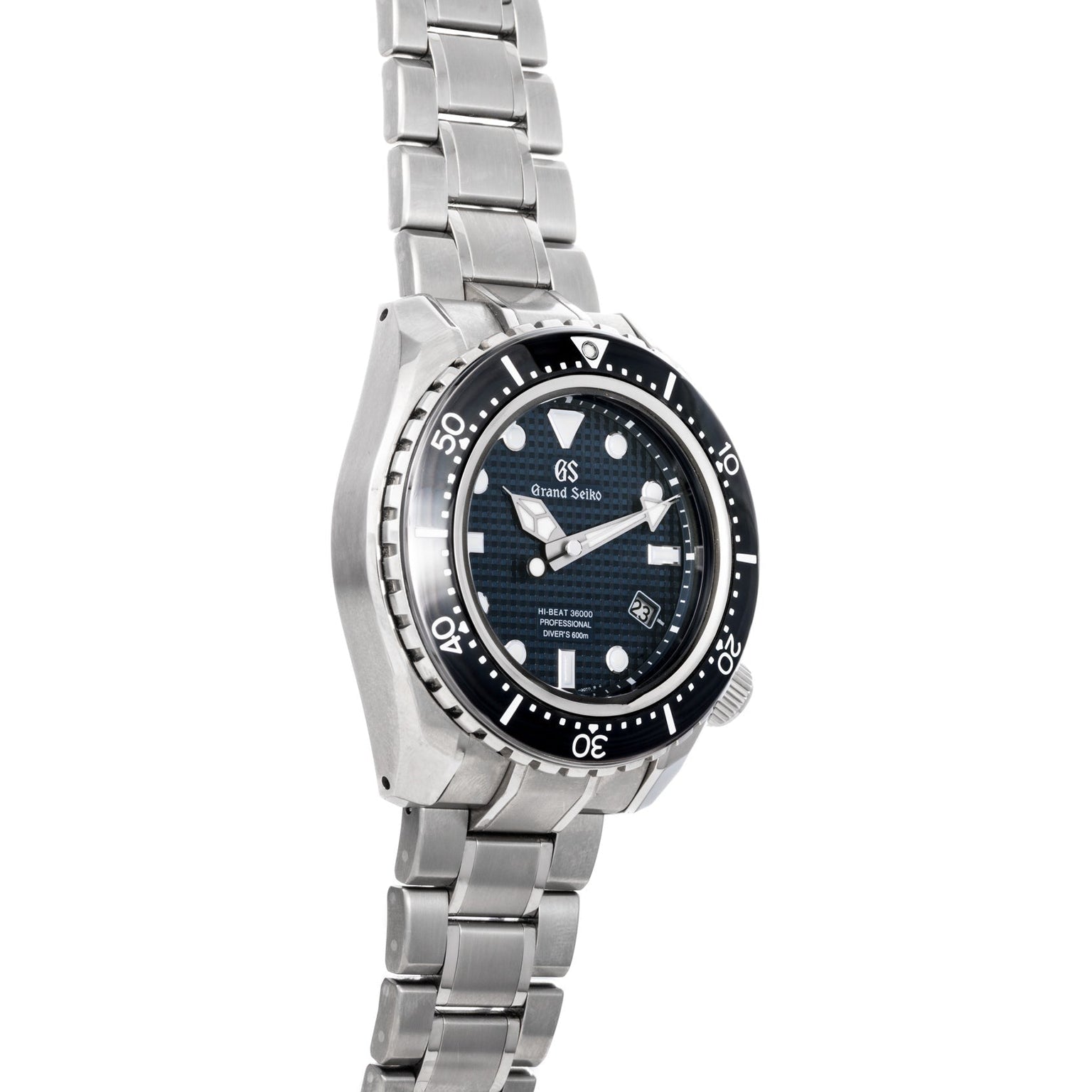 The Grand Seiko Hi-Beat Professional 600m Divers Limited Edition features a stainless steel case, blue textured dial, and silver metal bracelet.