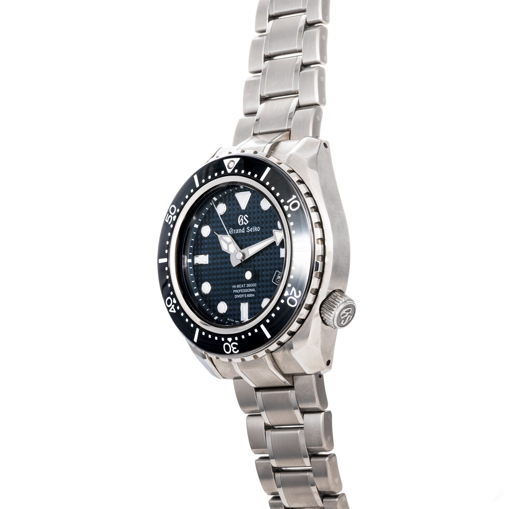 Grand Seiko Hi-Beat Professional 600m Divers Limited Edition watch with a black bezel and textured black dial, shown at an angle.