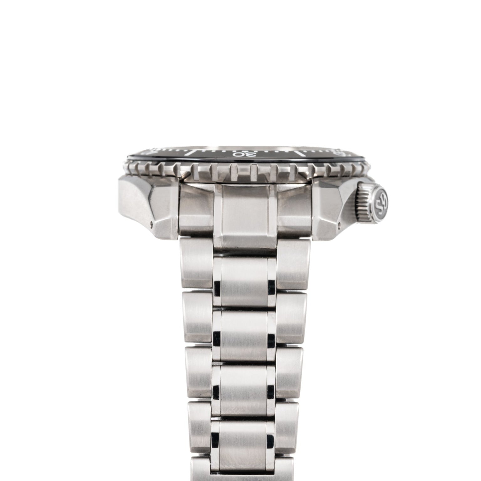 The Grand Seiko Hi-Beat Professional 600m Divers Limited Edition wristwatch in silver metal is shown from the side, featuring the band, crown, and part of the bezel.