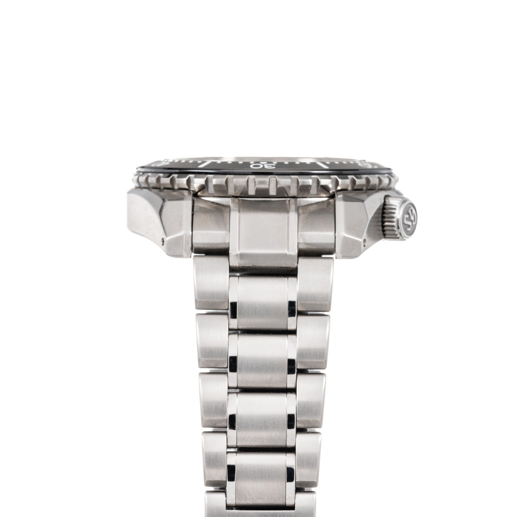 The Grand Seiko Hi-Beat Professional 600m Divers Limited Edition wristwatch in silver metal is shown from the side, featuring the band, crown, and part of the bezel.