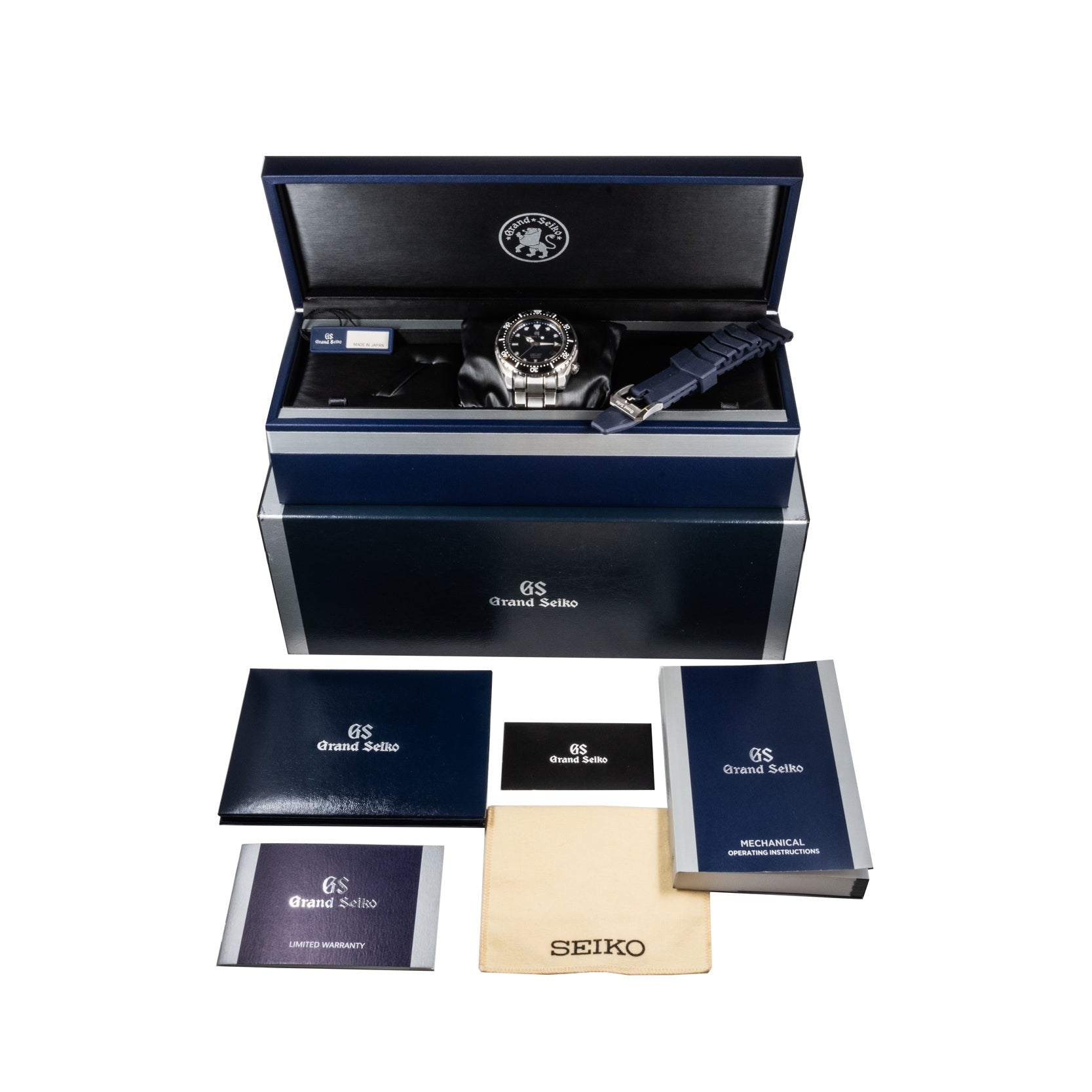 Grand Seiko Hi-Beat Professional 600m Divers Limited Edition watch in its box, shown with manuals, certificates, and cloth.