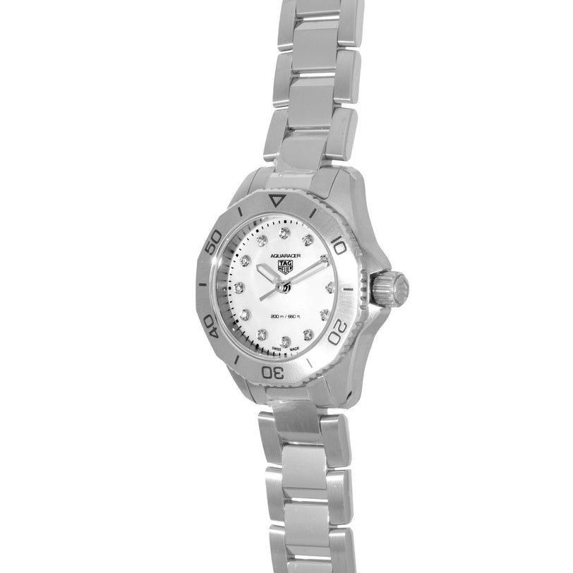 TAG Heuer Aquaracer Ladies Mother Of Pearl wristwatch featuring a mother-of-pearl dial and metal link bracelet, displayed on a white background.