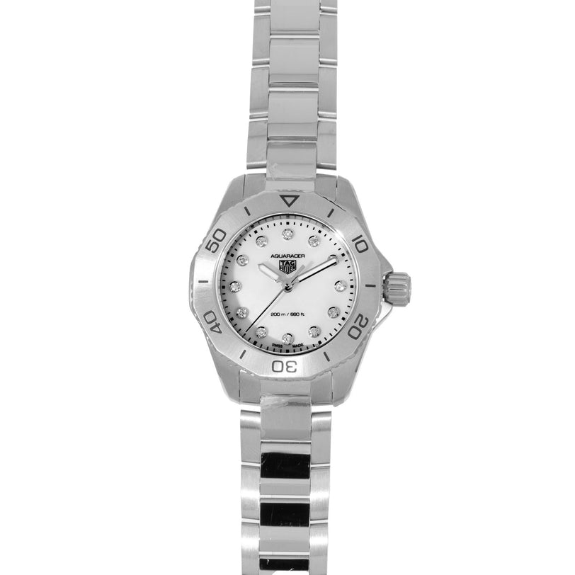 TAG Heuer Aquaracer Ladies Mother Of Pearl watch featuring a white mother of pearl dial, diamond hour markers, and a metal bracelet.
