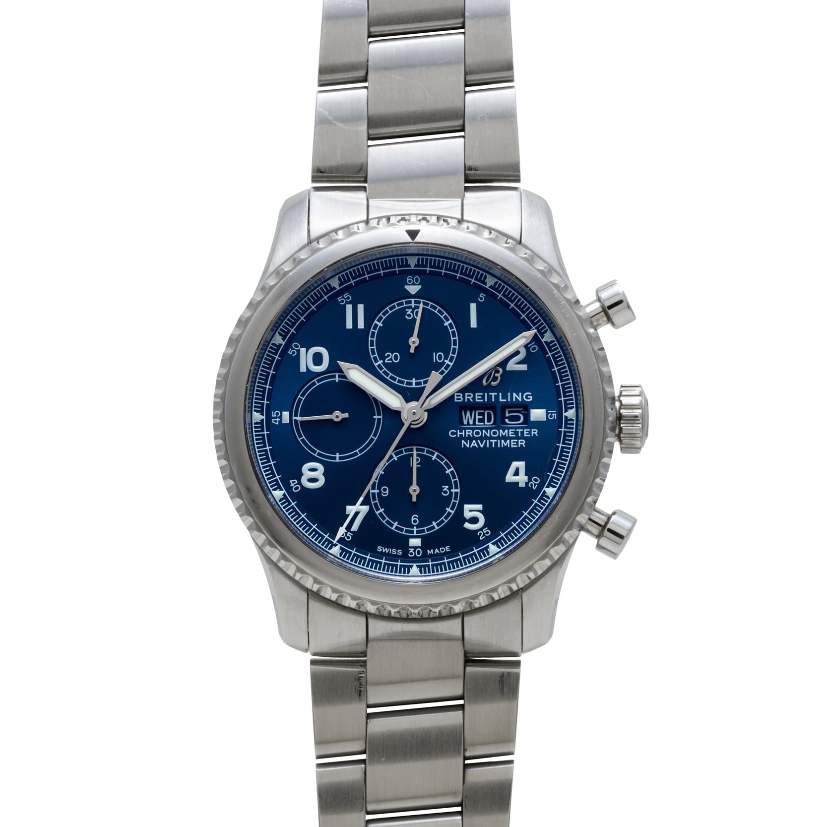 The Breitling Navitimer 8 Chronograph features a blue dial with three subdials and a stainless steel band.