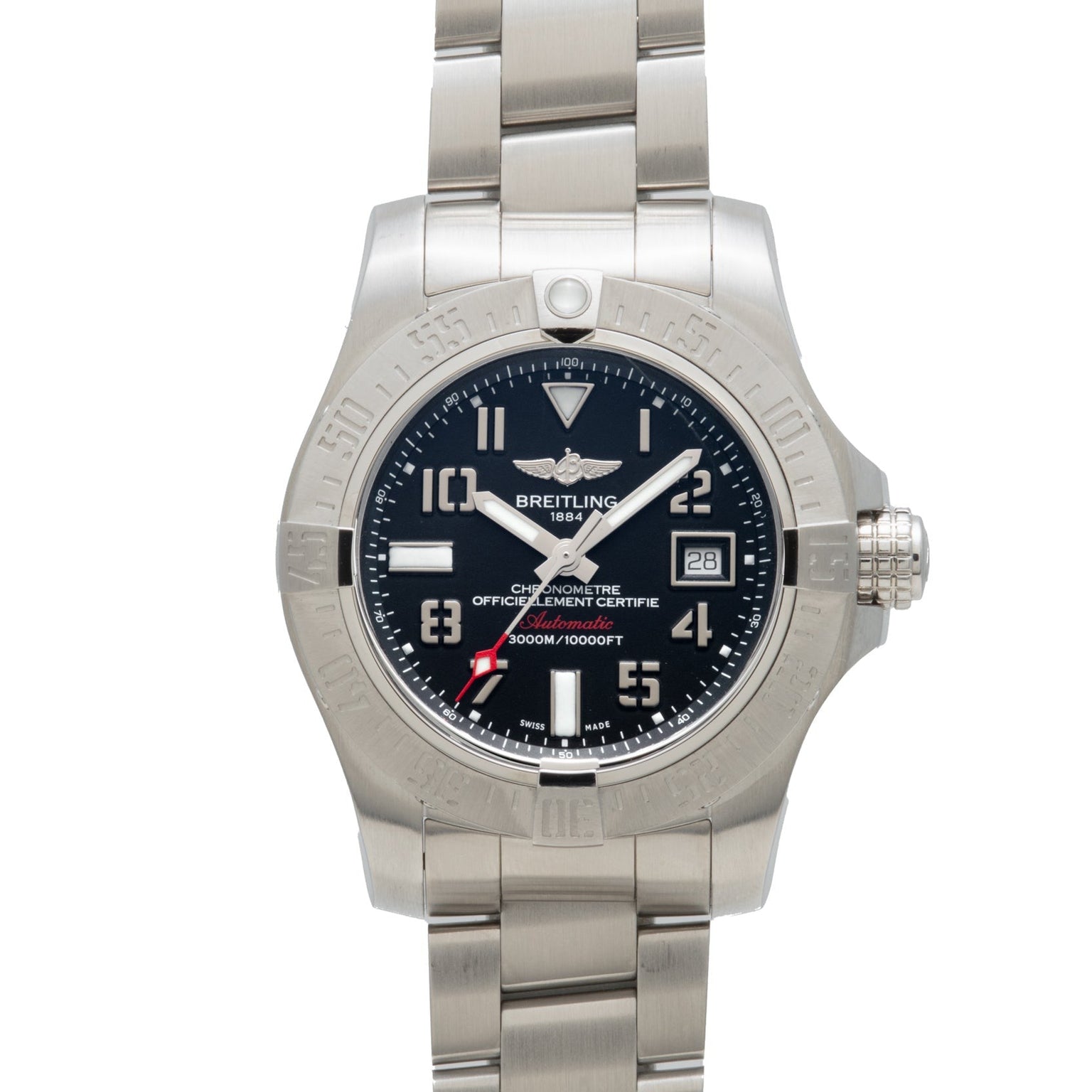 Breitling Avenger II Seawolf wristwatch featuring a silver case, black dial, metal bracelet, and date display at the 3 oclock position.