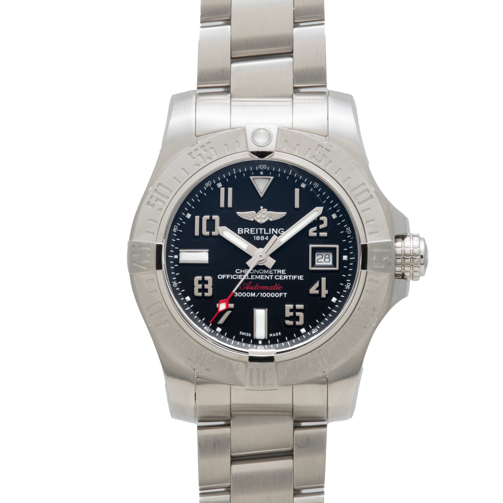 Breitling Avenger II Seawolf wristwatch featuring a silver case, black dial, metal bracelet, and date display at the 3 oclock position.