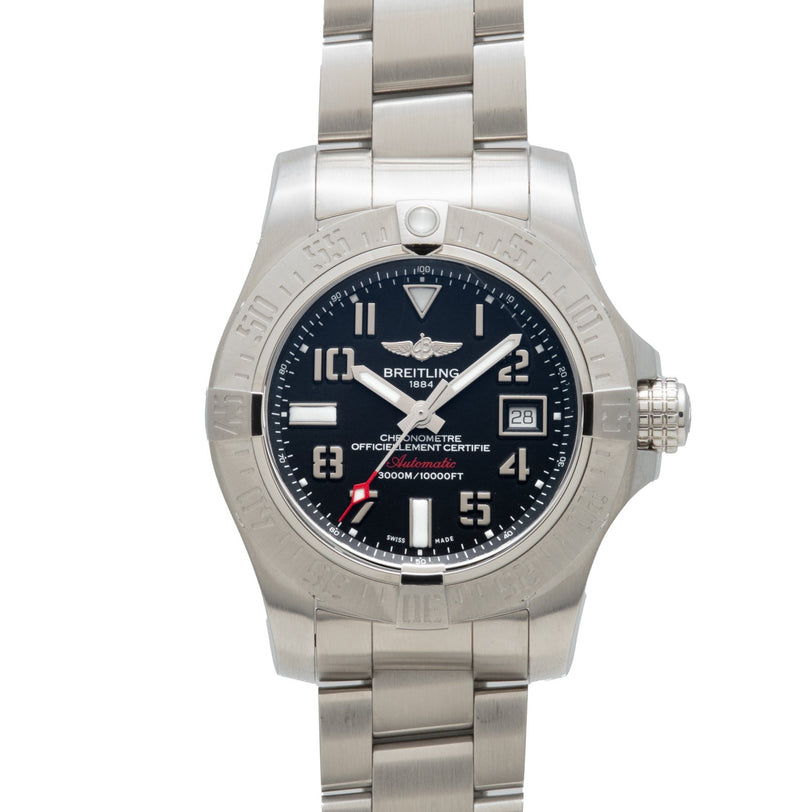 Breitling Avenger II Seawolf wristwatch featuring a silver case, black dial, metal bracelet, and date display at the 3 oclock position.