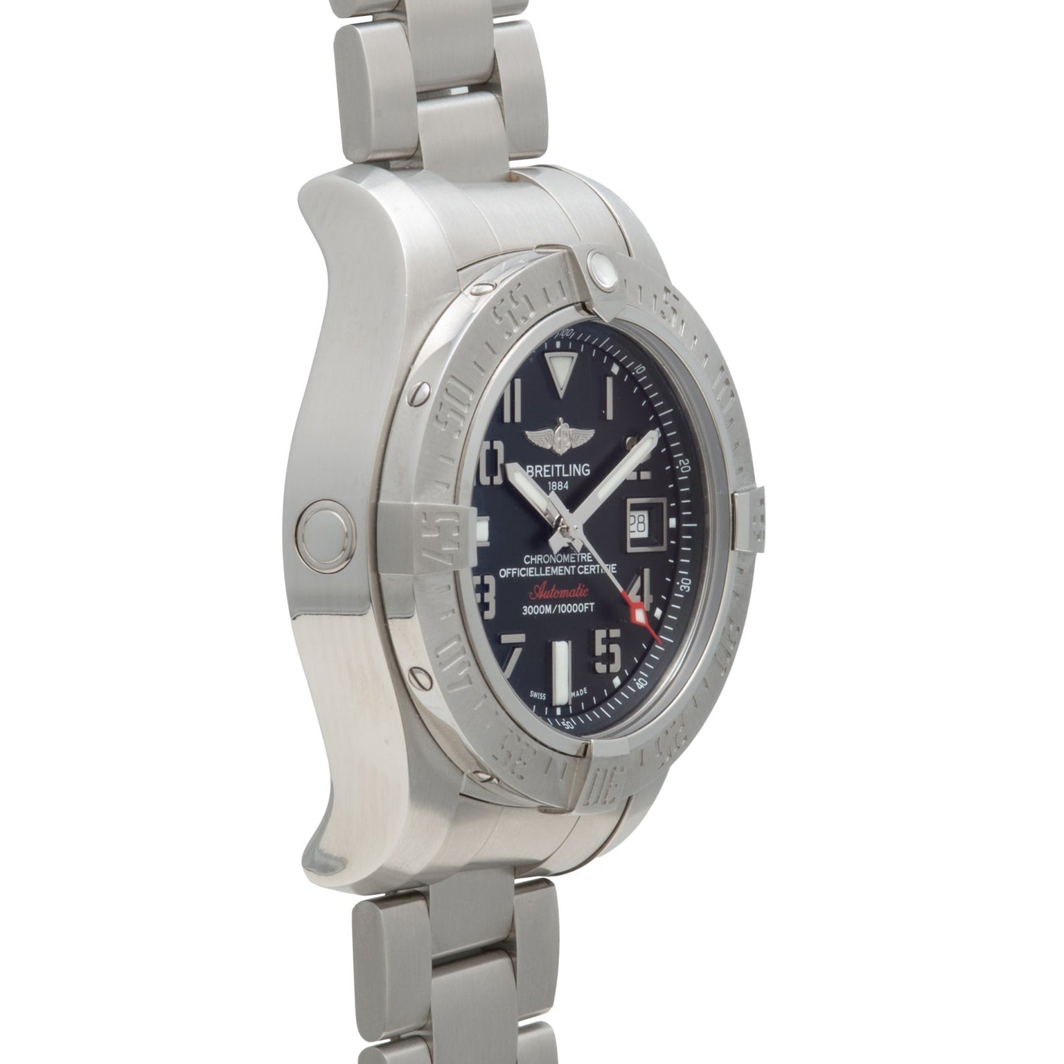 A Breitling Avenger II Seawolf dive watch in stainless steel, featuring a black dial and metal bracelet, displayed from an angled side perspective.