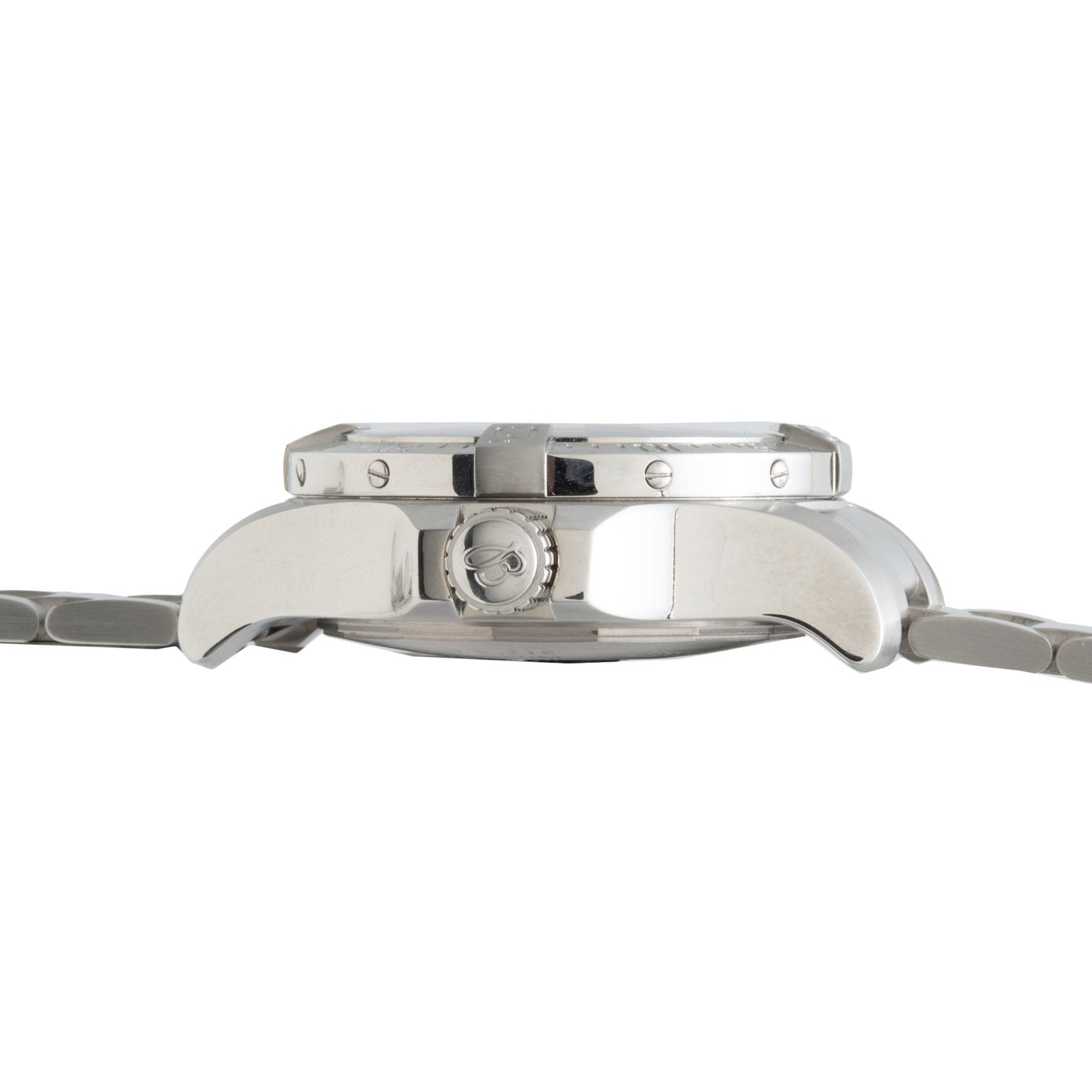 Side view of the Breitling Avenger II Seawolf wristwatch with a silver metal band and visible crown, set against a white background.