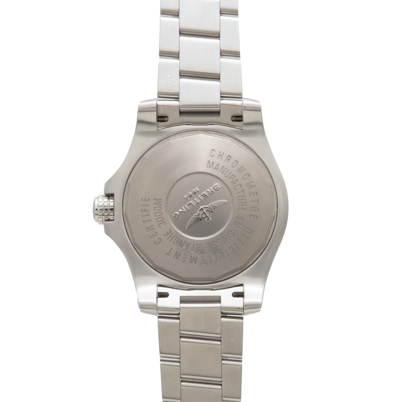 Back view of the Breitling Avenger II Seawolf, featuring a stainless steel case back engraved with the Breitling logo and text.
