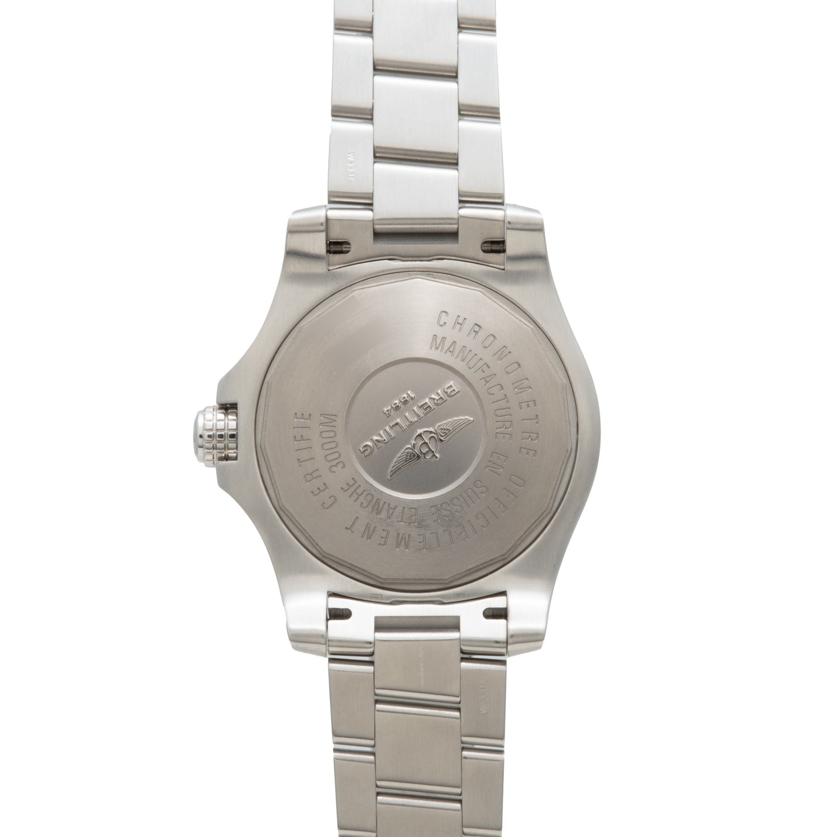 Back view of the Breitling Avenger II Seawolf, featuring a stainless steel case back engraved with the Breitling logo and text.