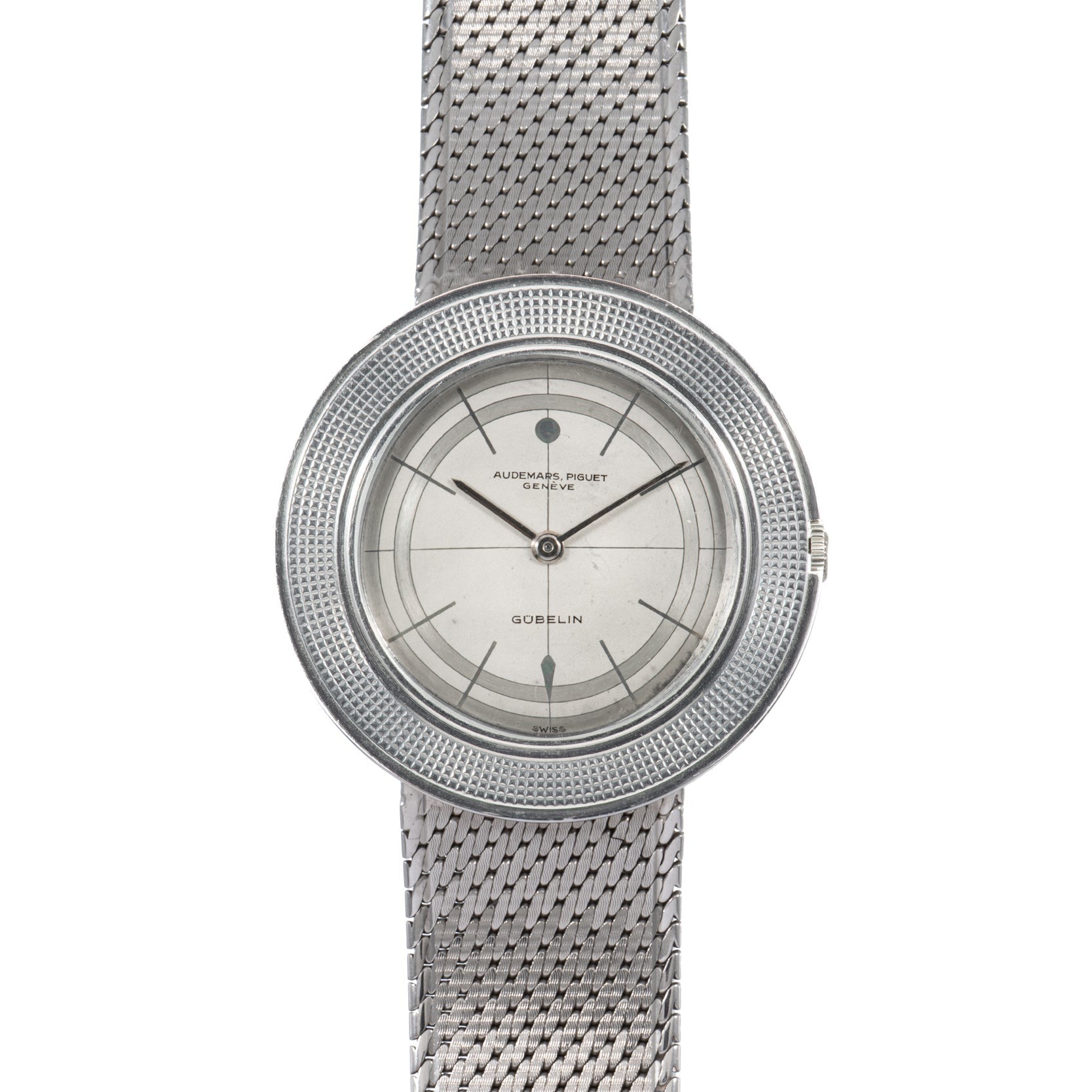 Audemars Piguet Signed Disco Volante Dress Watch Gübelin featuring a silver mesh band, round minimalist silver dial, and thin black hour markers.