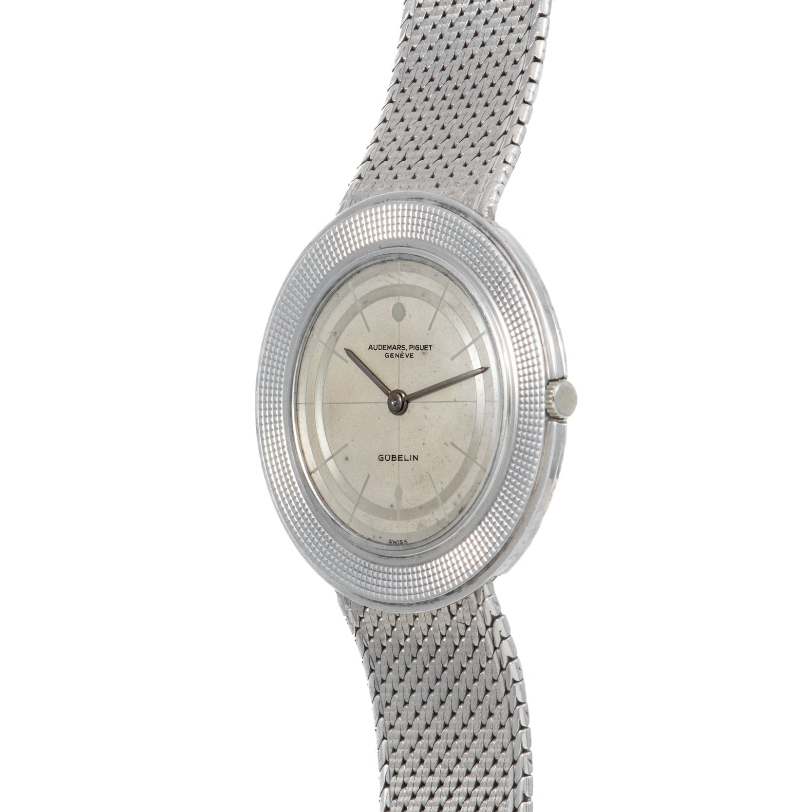 Silver Audemars Piguet Signed Disco Volante Dress Watch Gübelin featuring a mesh band and textured round bezel.