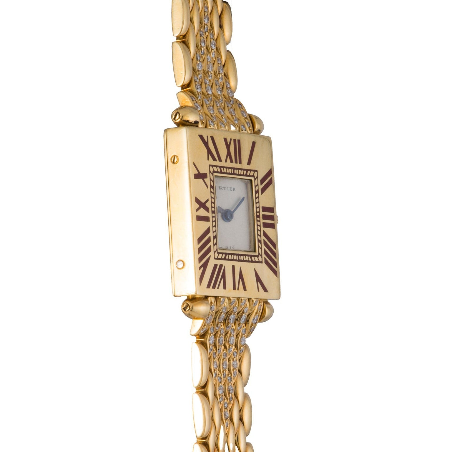 Gold-tone rectangular watch with Roman numeral dial and textured link bracelet.