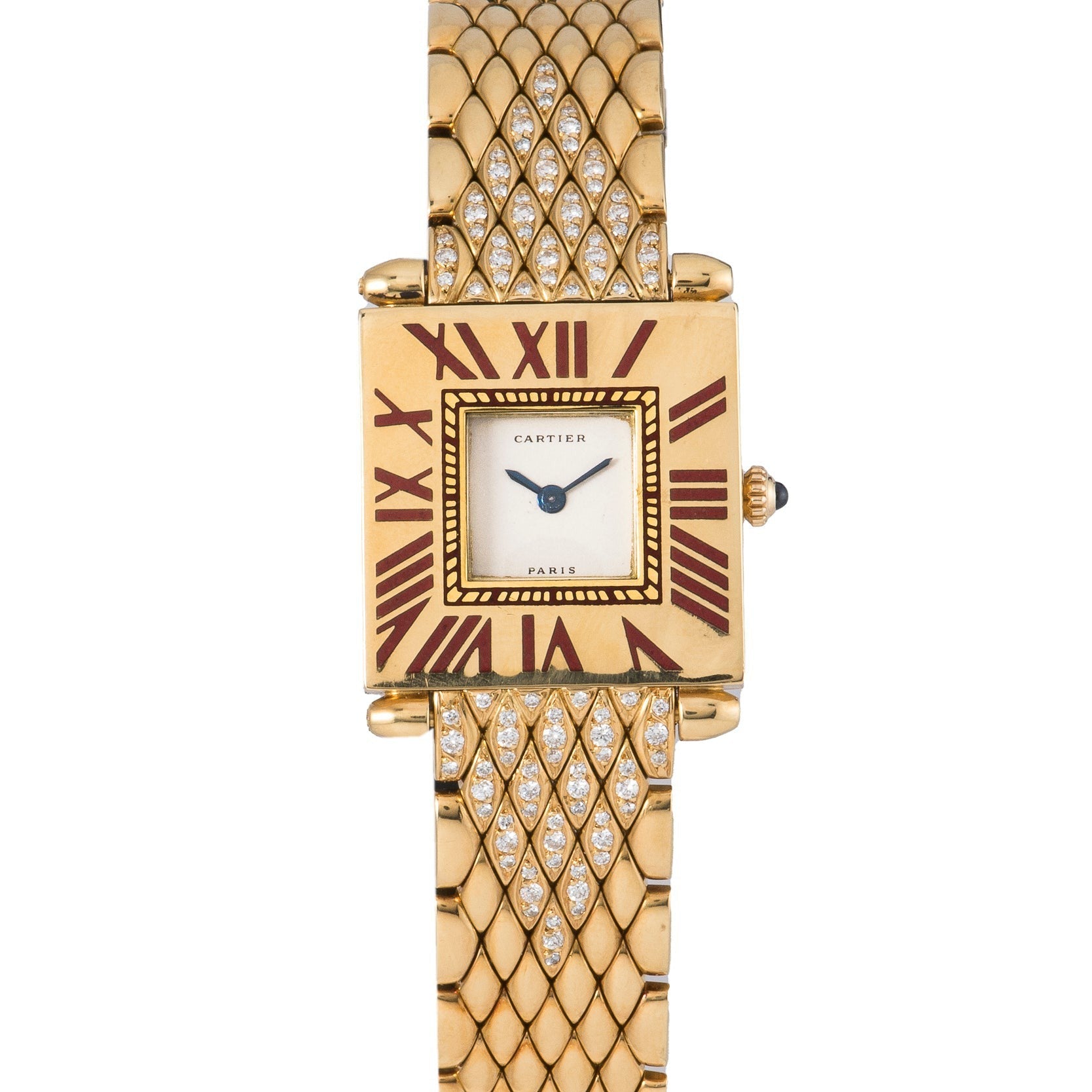 Gold-tone Cartier Obus watch with square cream dial, Roman numerals, diamond-set bracelet, and blue hands.