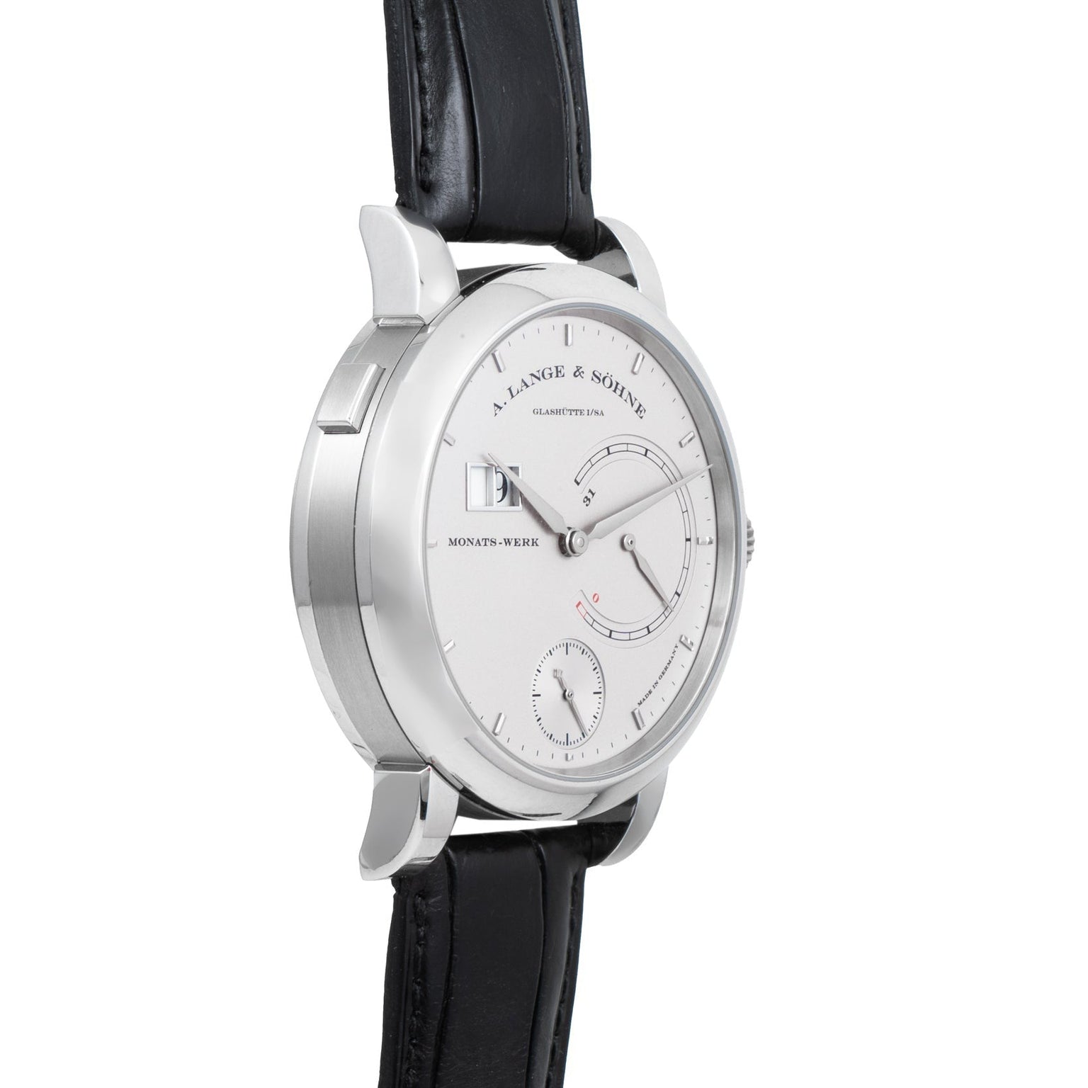 A Lange & Sohne Lange 31 wristwatch in silver with a white dial and black leather strap, shown from an angled view.