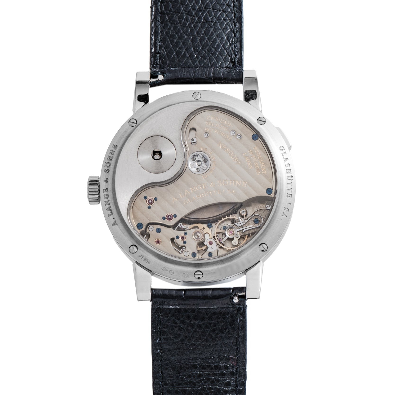 Back view of the Lange & Sohne Lange 31 mechanical wristwatch, showcasing its intricate gears and components with a black leather strap.