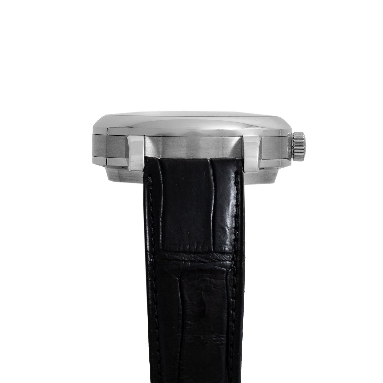 Side view of the Lange & Sohne Lange 31 wristwatch, featuring a silver case, black leather strap, and visible crown.