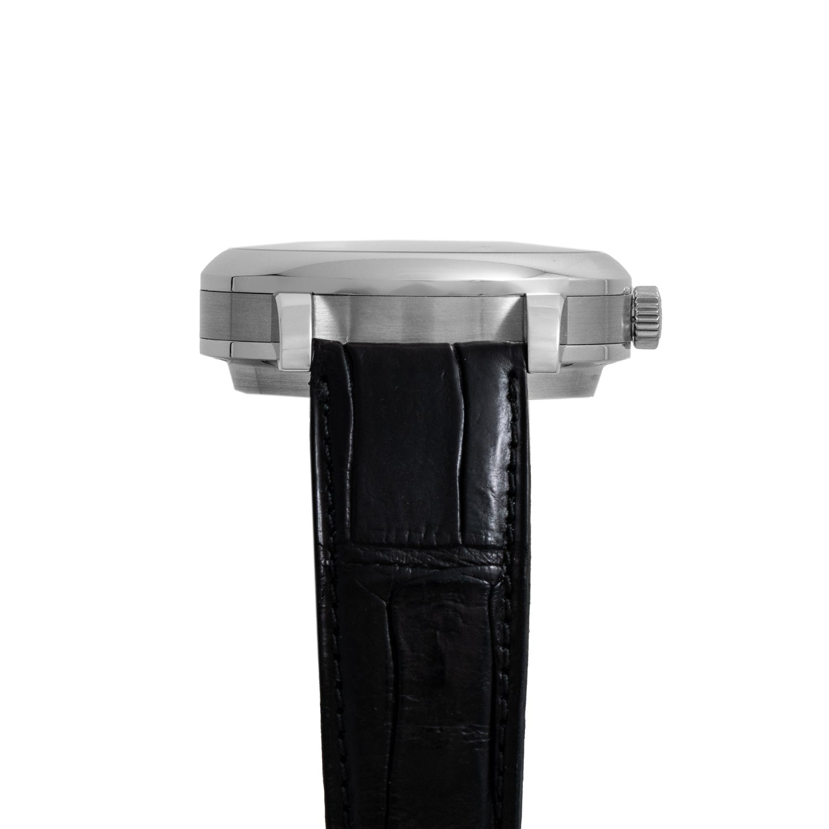 Side view of the Lange & Sohne Lange 31 wristwatch, featuring a silver case, black leather strap, and visible crown.