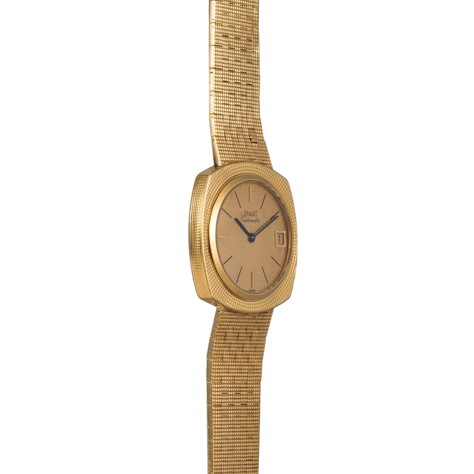 The Piaget Yellow Gold Hobnail Dress Watch features a square face, mesh band, and date window, displayed on a white background.