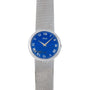 The Piaget Lapis Lazuli Dress Watch features a silver mesh band, blue face, and Roman numerals with the Piaget logo on the dial.