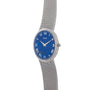 Piagets Lapis Lazuli Dress Watch features a silver mesh strap, a blue lapis lazuli dial with Roman numerals, and the Piaget logo.