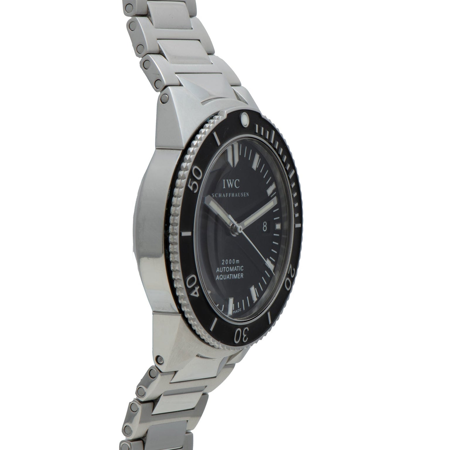 Side view of an IWC Schaffhausen Aquatimer GST 2000 wristwatch featuring a stainless steel case, black dial, and metal bracelet.